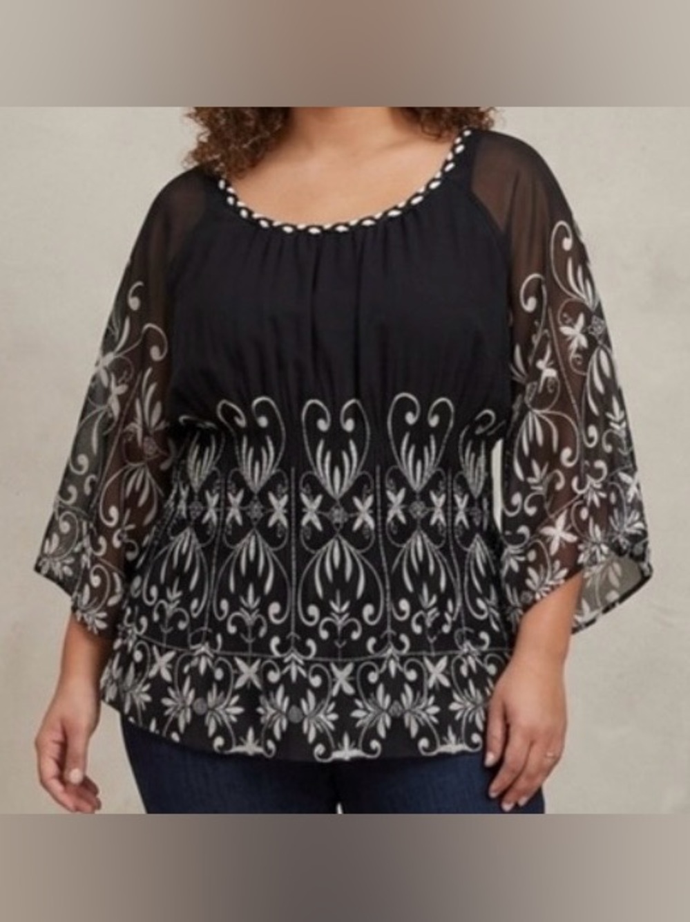 Lane Bryant Boho Chiffon Kimono Sleeve Tunic Top Black White Plussize 18/20